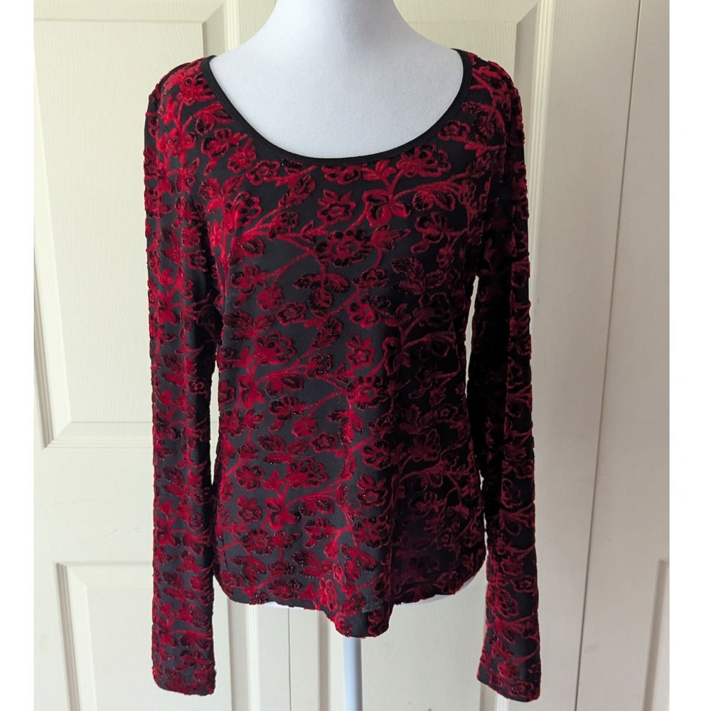 Karen Kane Top Sz L Sheer Red Black Burnout Velvet Floral Glitter Whimsigoth‎